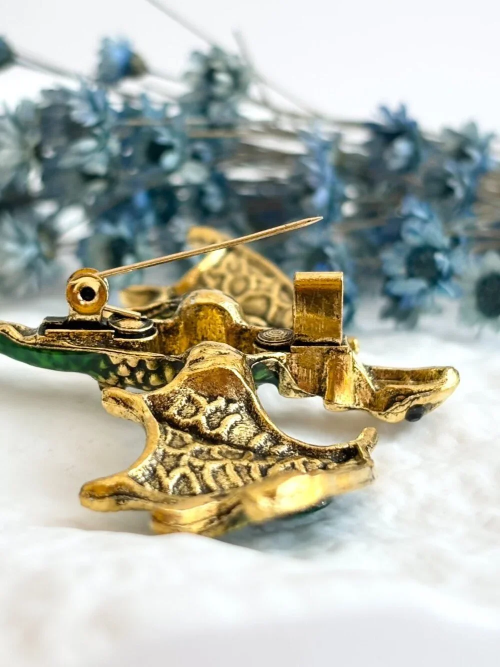 Dragon Figural Green Enameled Rhinestone Accented Gold Toned Brooch Pin